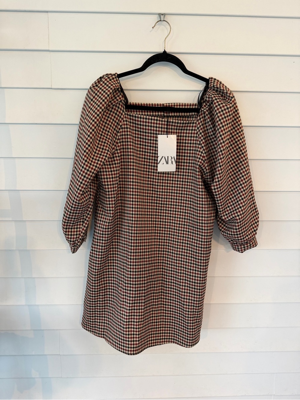 ZARA Checked Puff-Sleeve Mini Dress